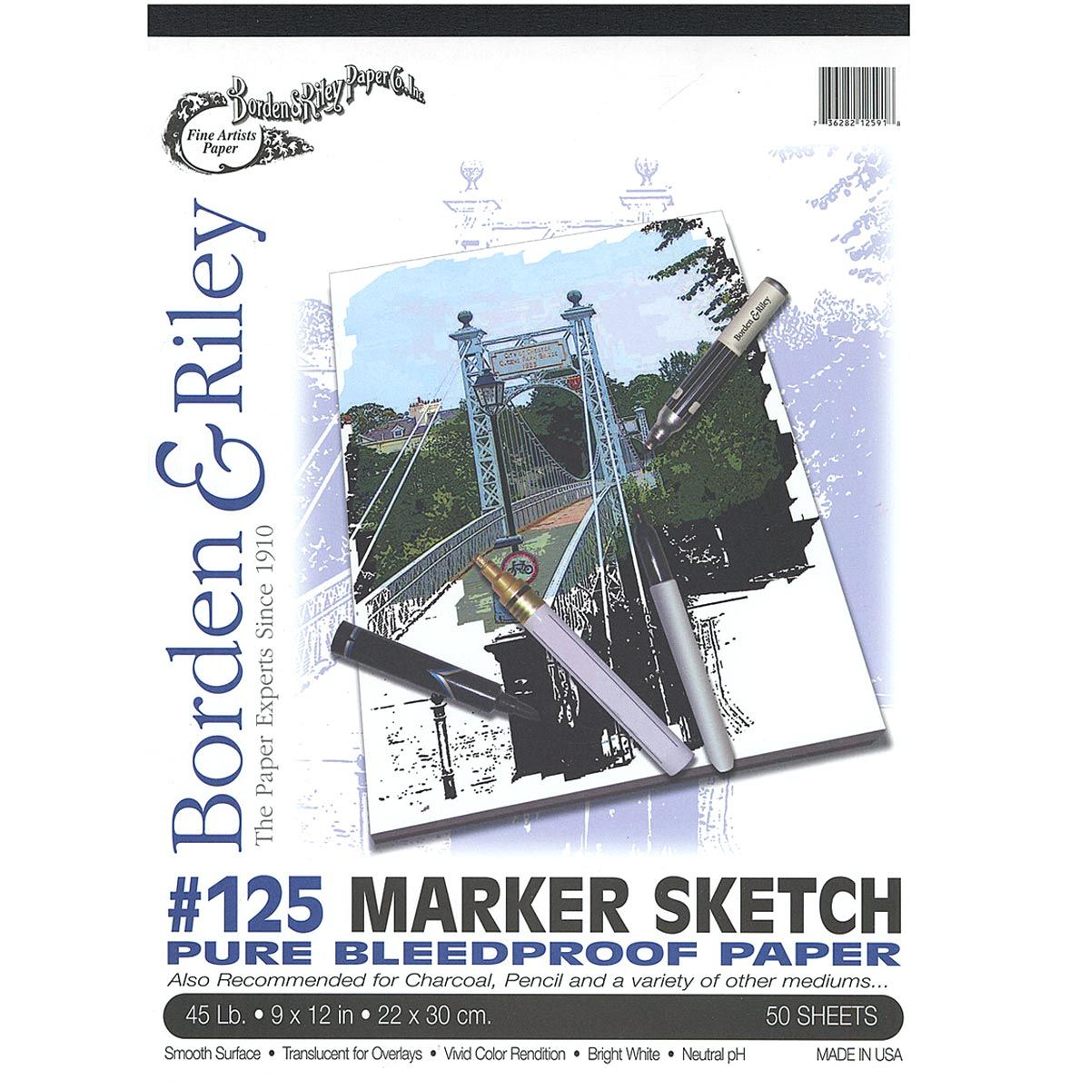 Borden & Riley #125 Marker Sketch Pure Bleedproof Pad, 9x12 in, 50 Sheets