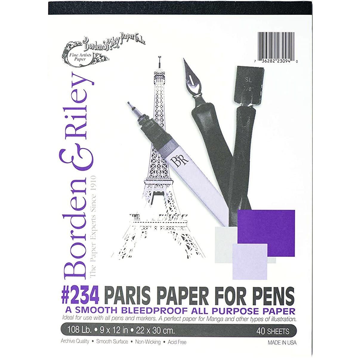 Borden & Riley #234 Paris Paper for Pens Pad, 9" x 12", 108 lb, 40 White Sheets