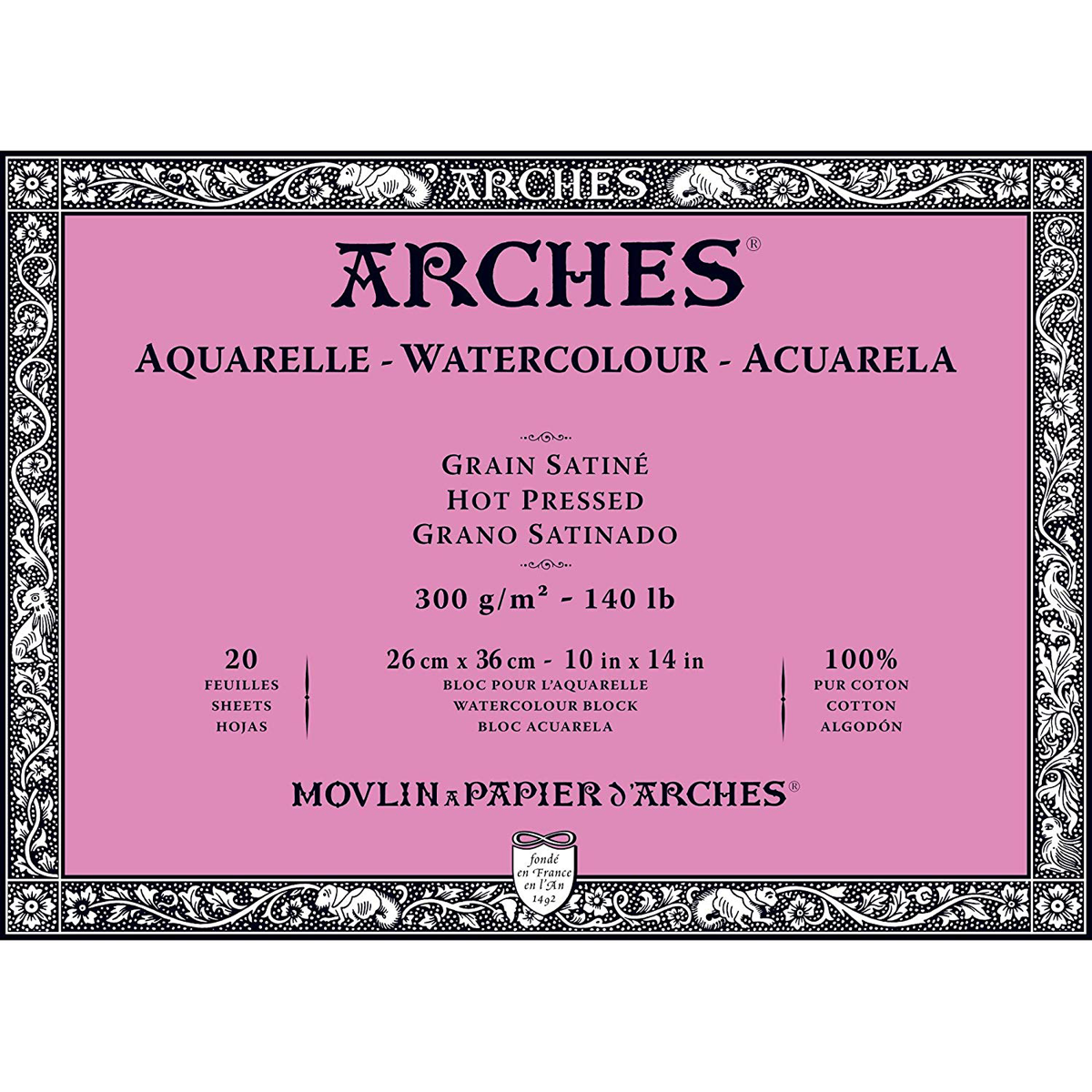 Arches Watercolour Hot Pressed Block 140lb, 10" x 14", 20 sheets