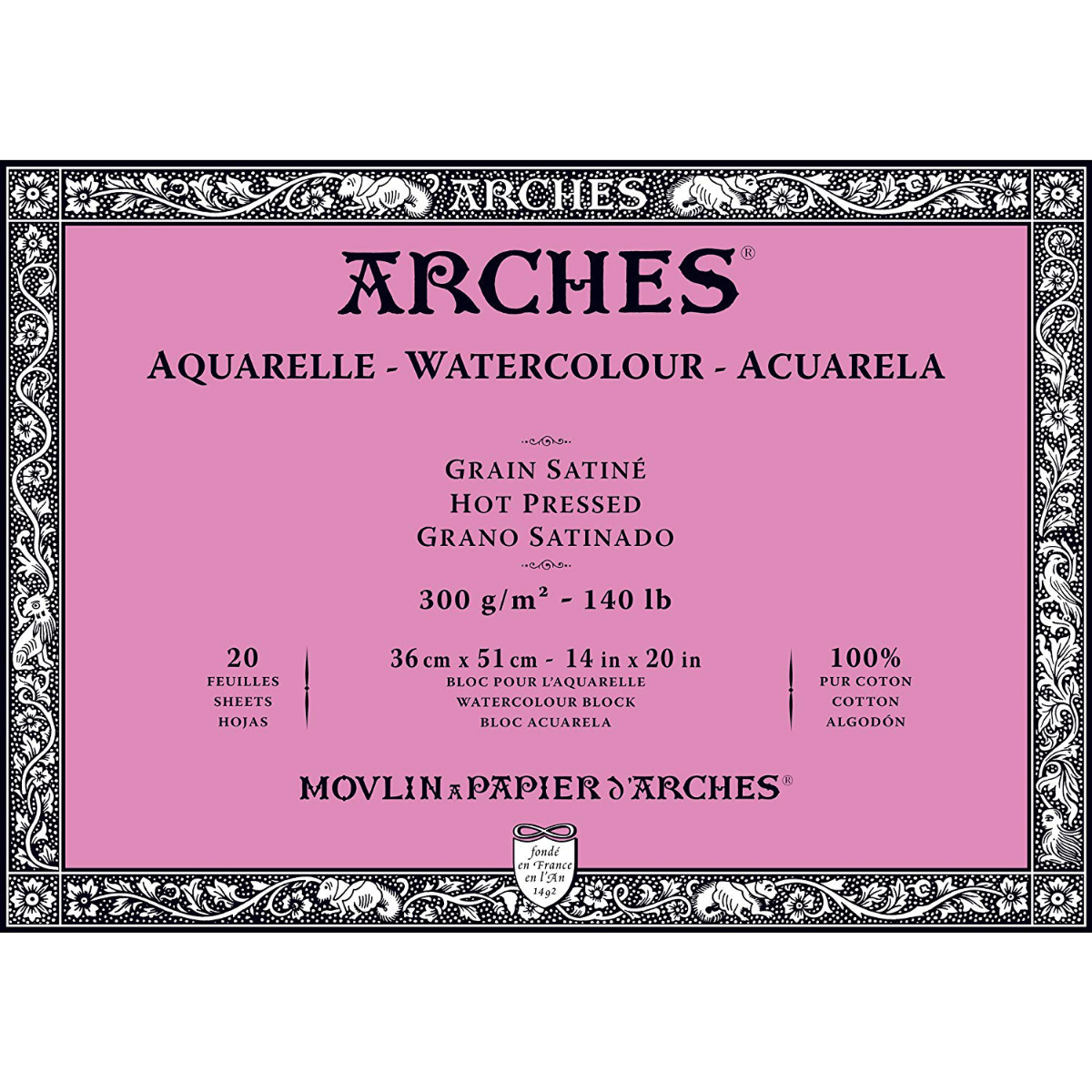 Arches Watercolour Hot Pressed Block 140lb, 14" x 20", 20 sheets