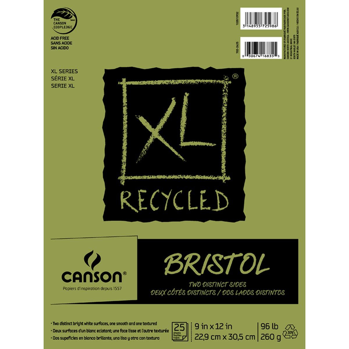 Canson XL-Bristol (Fold Over) 95 lb, 25 sheets, 9 x 12 Inch