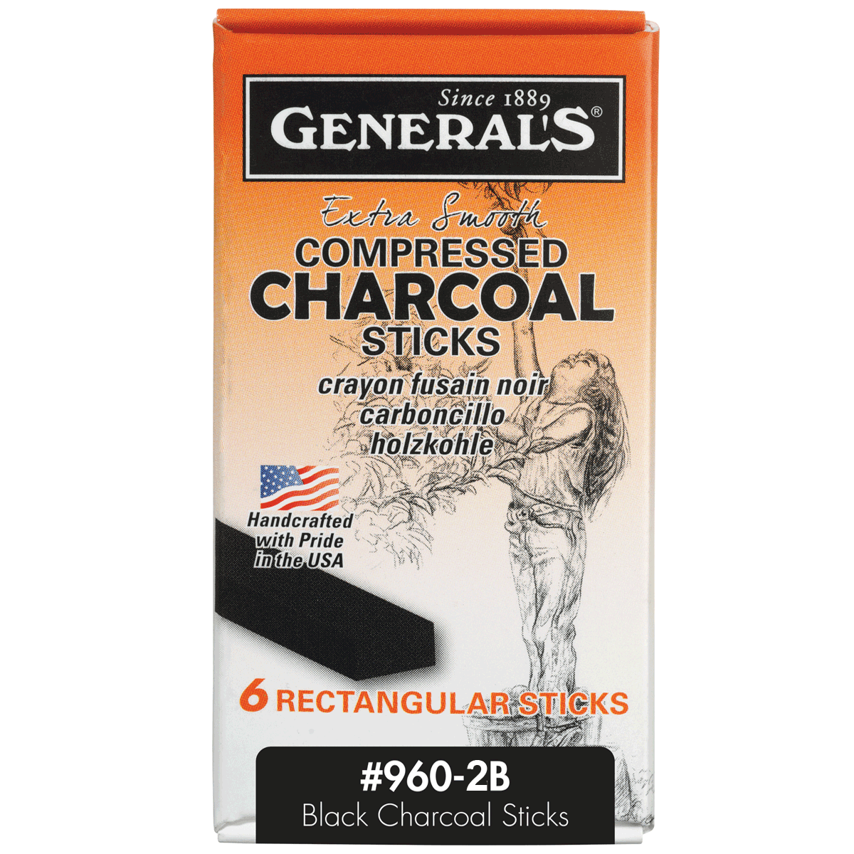 General's Compressed Rectangle Charcoal Sticks - 2B, Pkg of 6