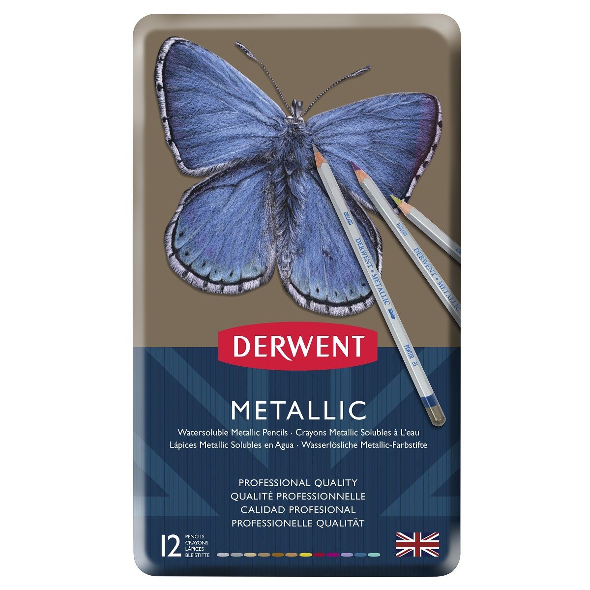 Derwent Water-Soluble Metallic Pencil Metal Tin of 12 + Gift
