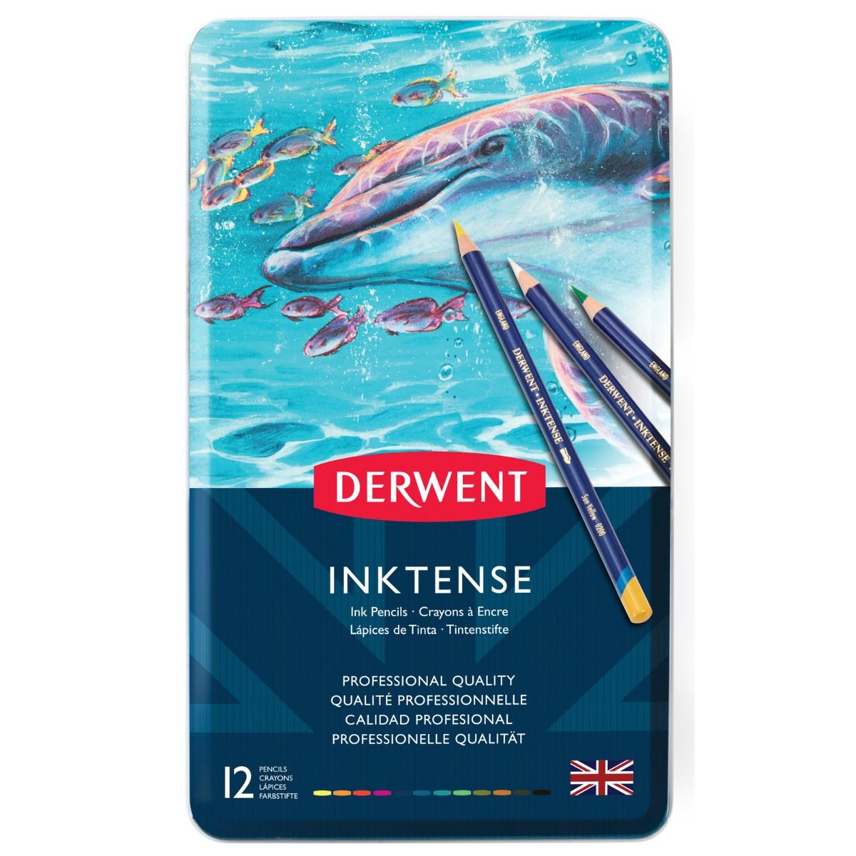 Derwent Inktense Pencils Metal Tin, 12 Colours