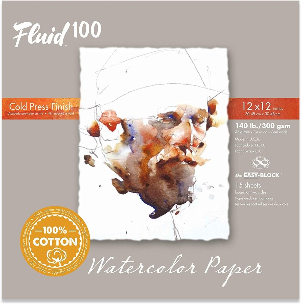 Fluid 100 Watercolour 140lb Cold Press Block (15 Sheets) 12" x 12"