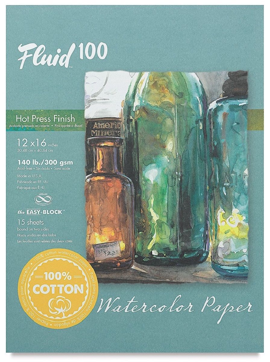 Fluid 100 Watercolour 140lb Hot Press Block (15 Sheets) 12" x 16"