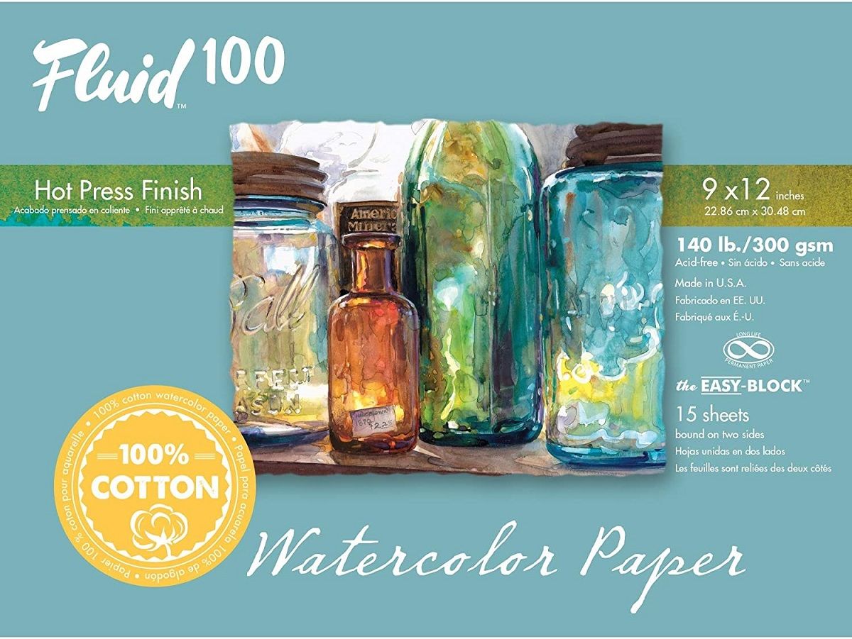 Fluid 100 Watercolour 140lb Hot Press Block (15 Sheets) 9" x 12"