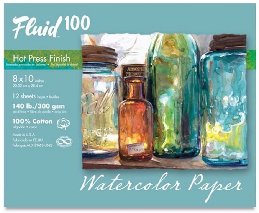 Fluid 100 Watercolour Paper Pochette 140lb Hot Press 8"x10" (10 Sheets)