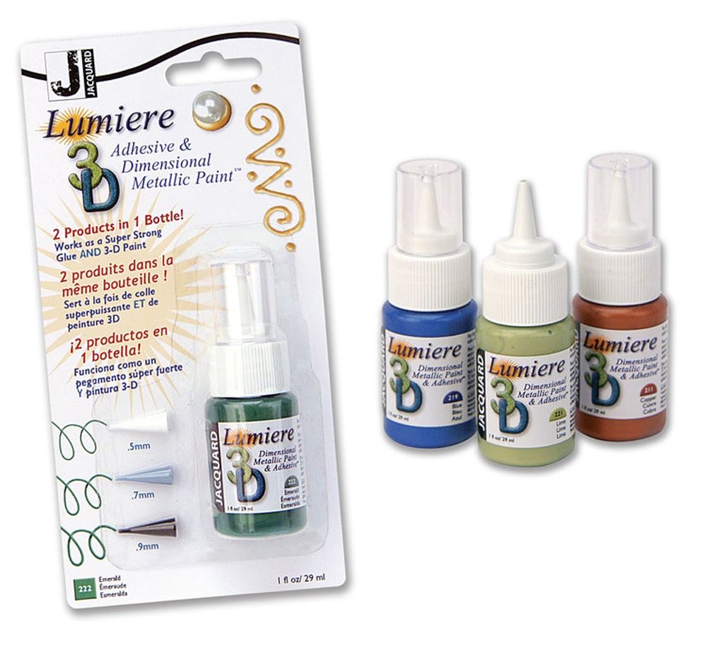Jacquard Lumiere 3D Metallic Paint & Adhesive with 3 Plastic Tips Blister Packs