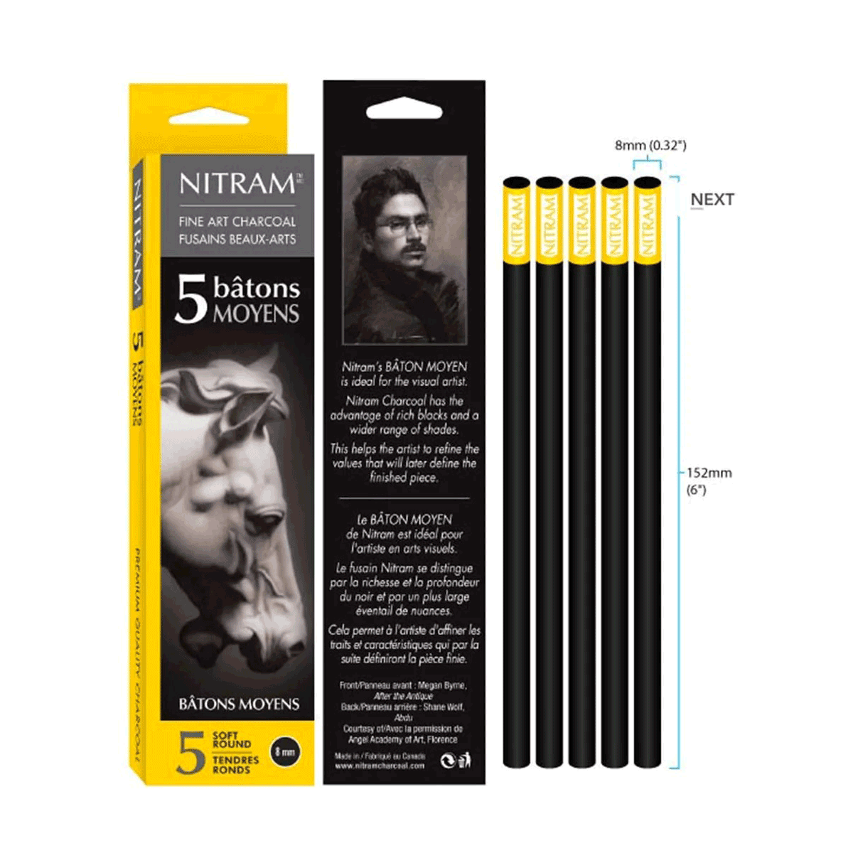 Nitram Charcoal Bâtons Moyens (Extra Soft) Round 8 mm