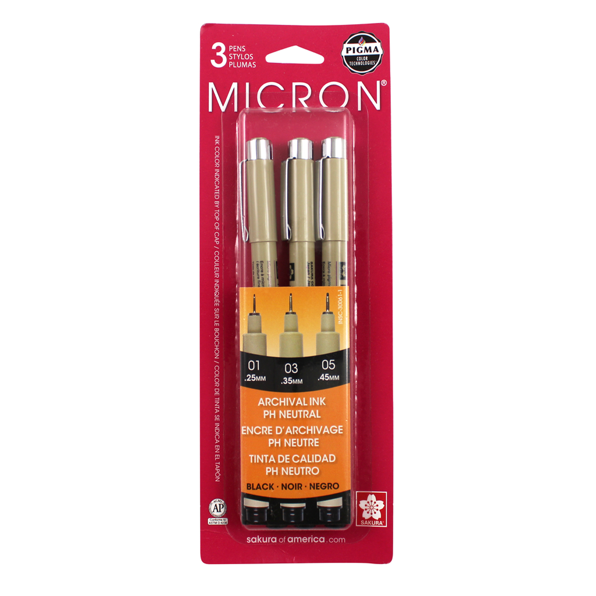 Pigma Micron Fineliner Pens, Archival Black Multi Tip Sizes, Set of 3