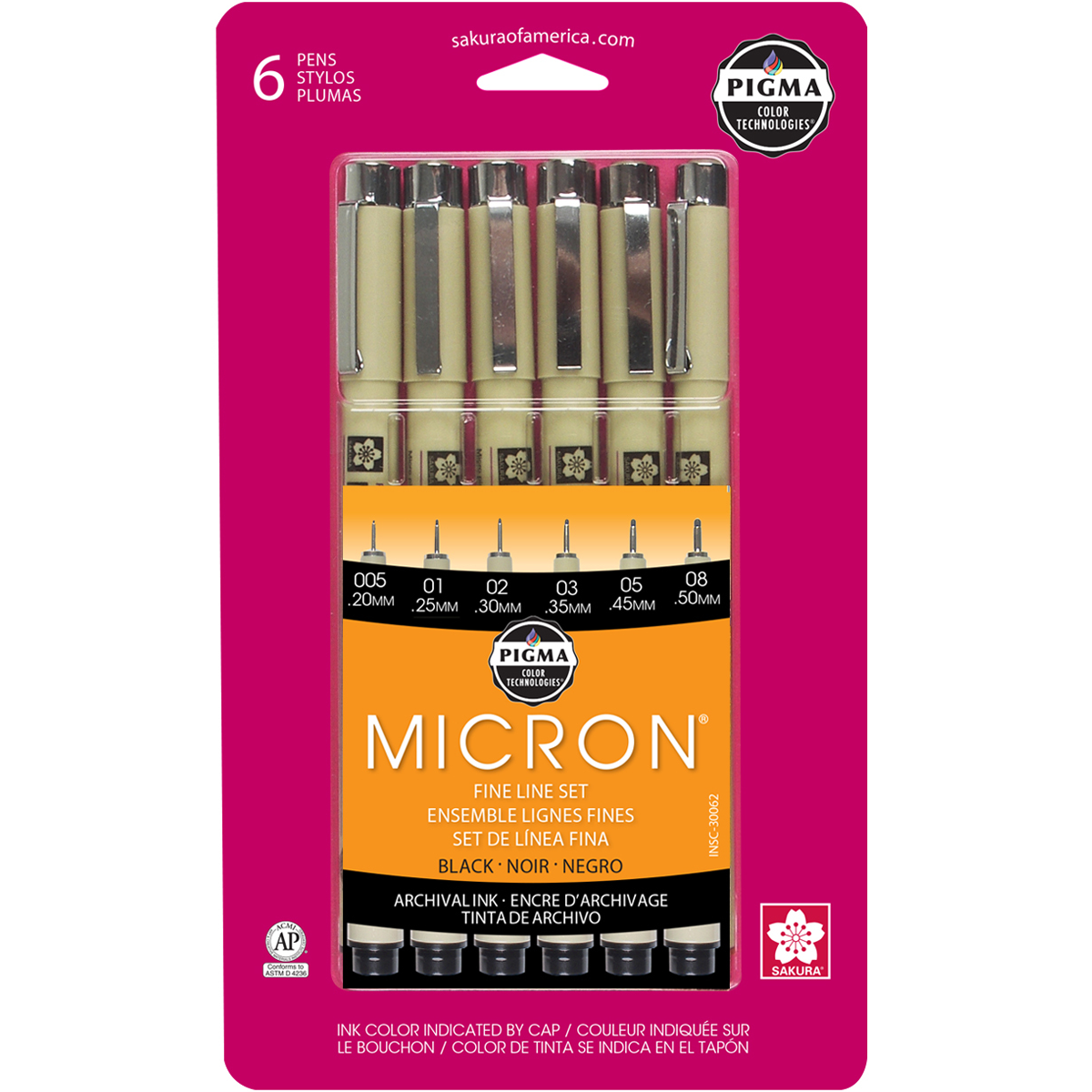 Pigma Micron Fineliner Pens, Archival Black Multi Tip Sizes, Set of 6