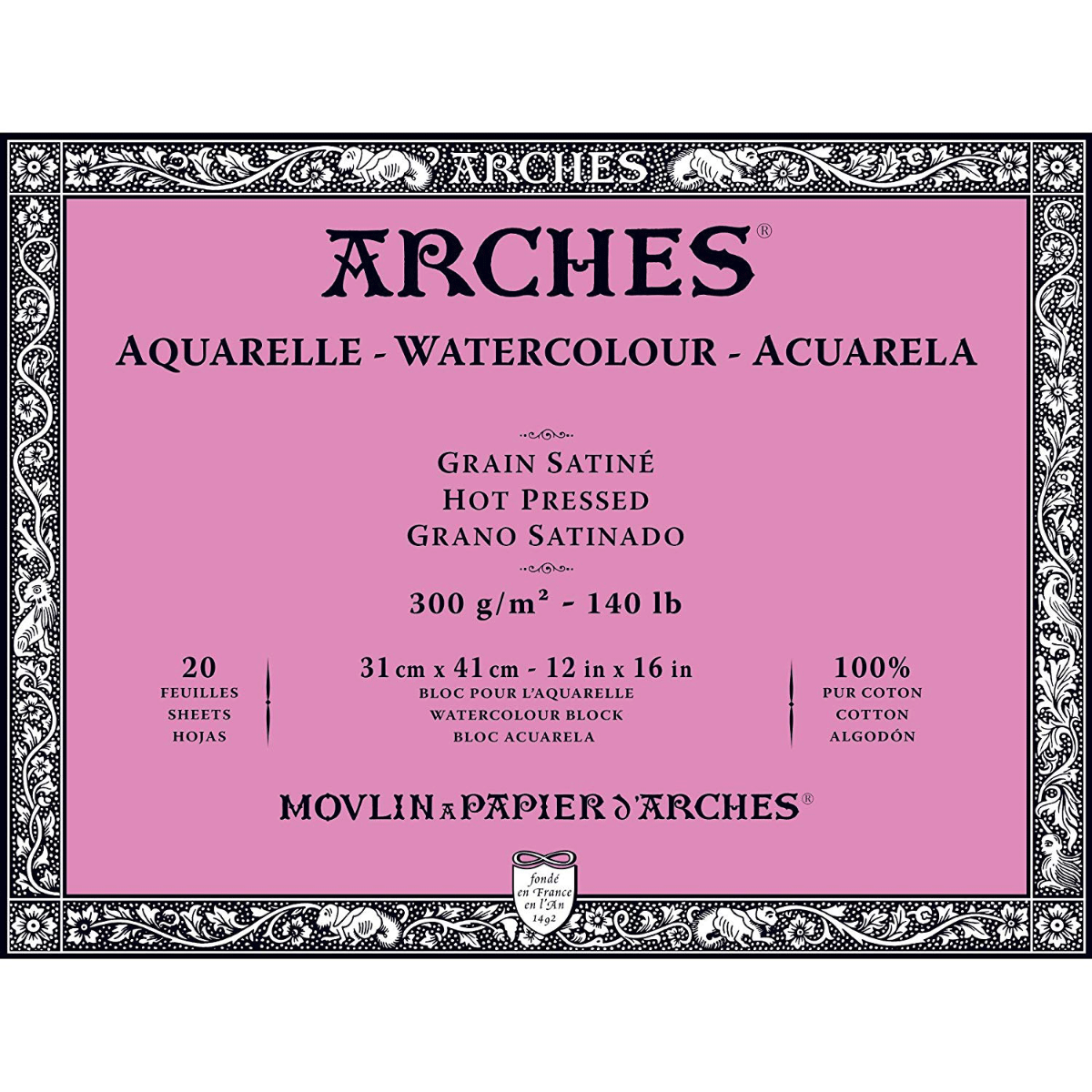 Arches Watercolour Hot Pressed Block 140lb, 12" X 16", 20 Sheets